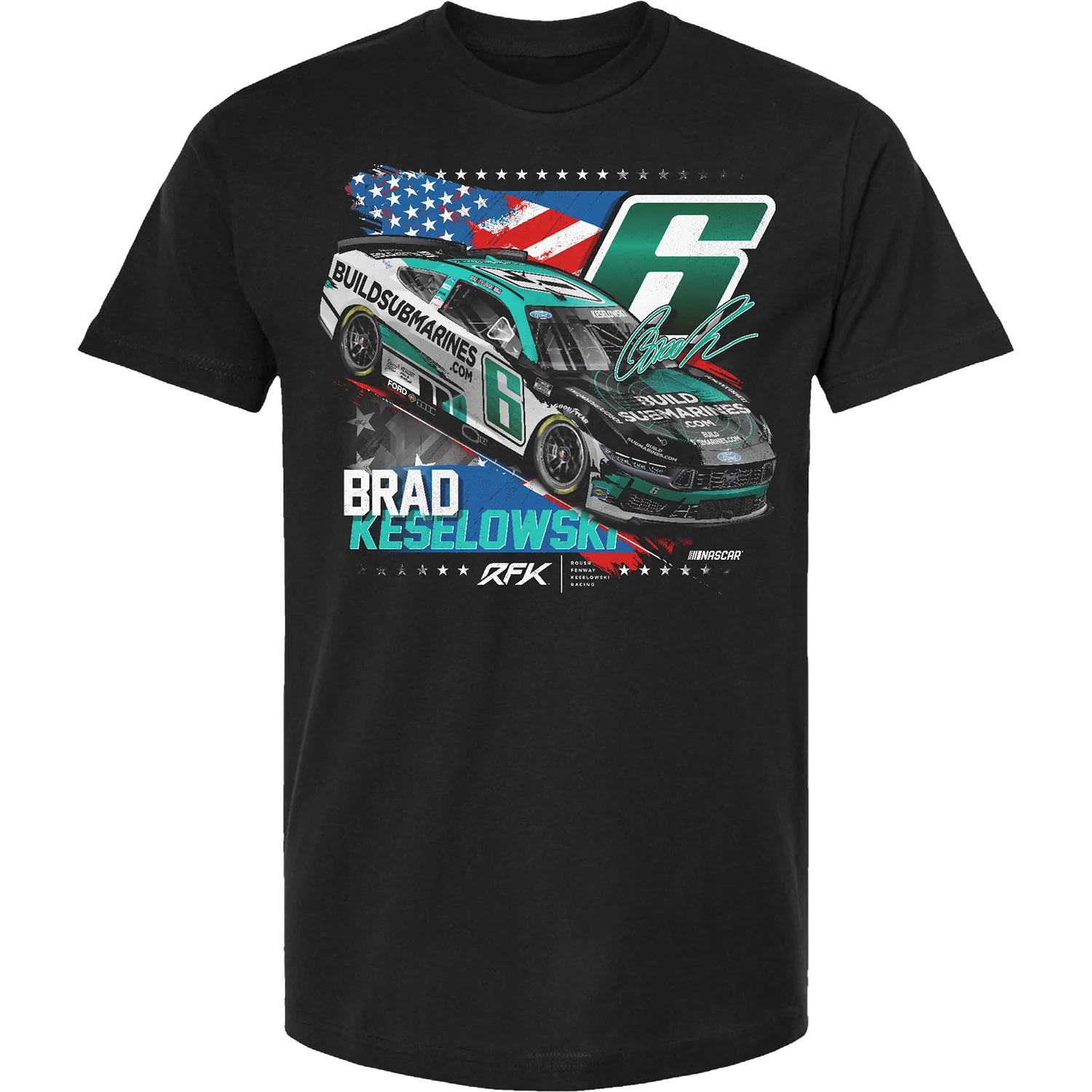 Brad Keselowski BuildSubmarines Patriotic Car T-Shirt Black - Image 2