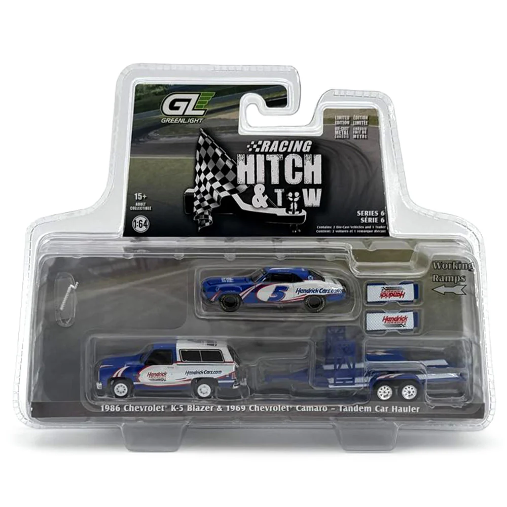 Kyle Larson 1986 K5 Blazer Silverado and 1969 Camaro HMS #5 First Win Tribute on Tandem Car Trailer 1:64 Greenlight Diecast Set