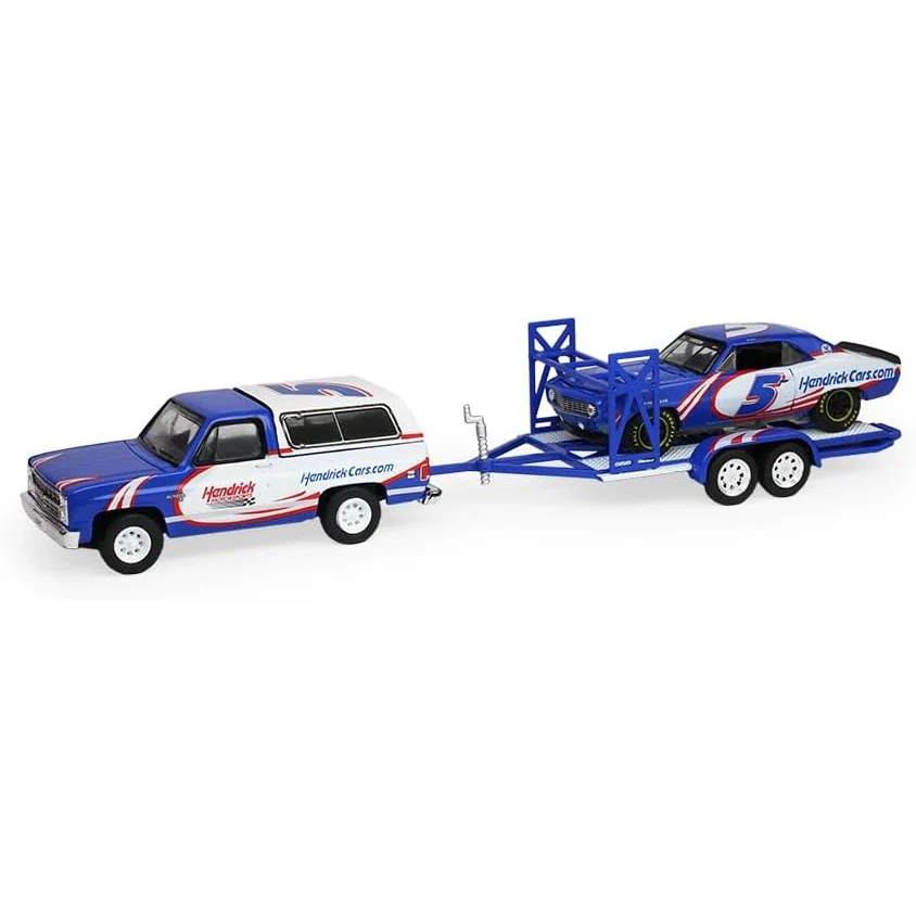 Kyle Larson 1986 K5 Blazer Silverado and 1969 Camaro HMS #5 First Win Tribute on Tandem Car Trailer 1:64 Greenlight Diecast Set - Image 2