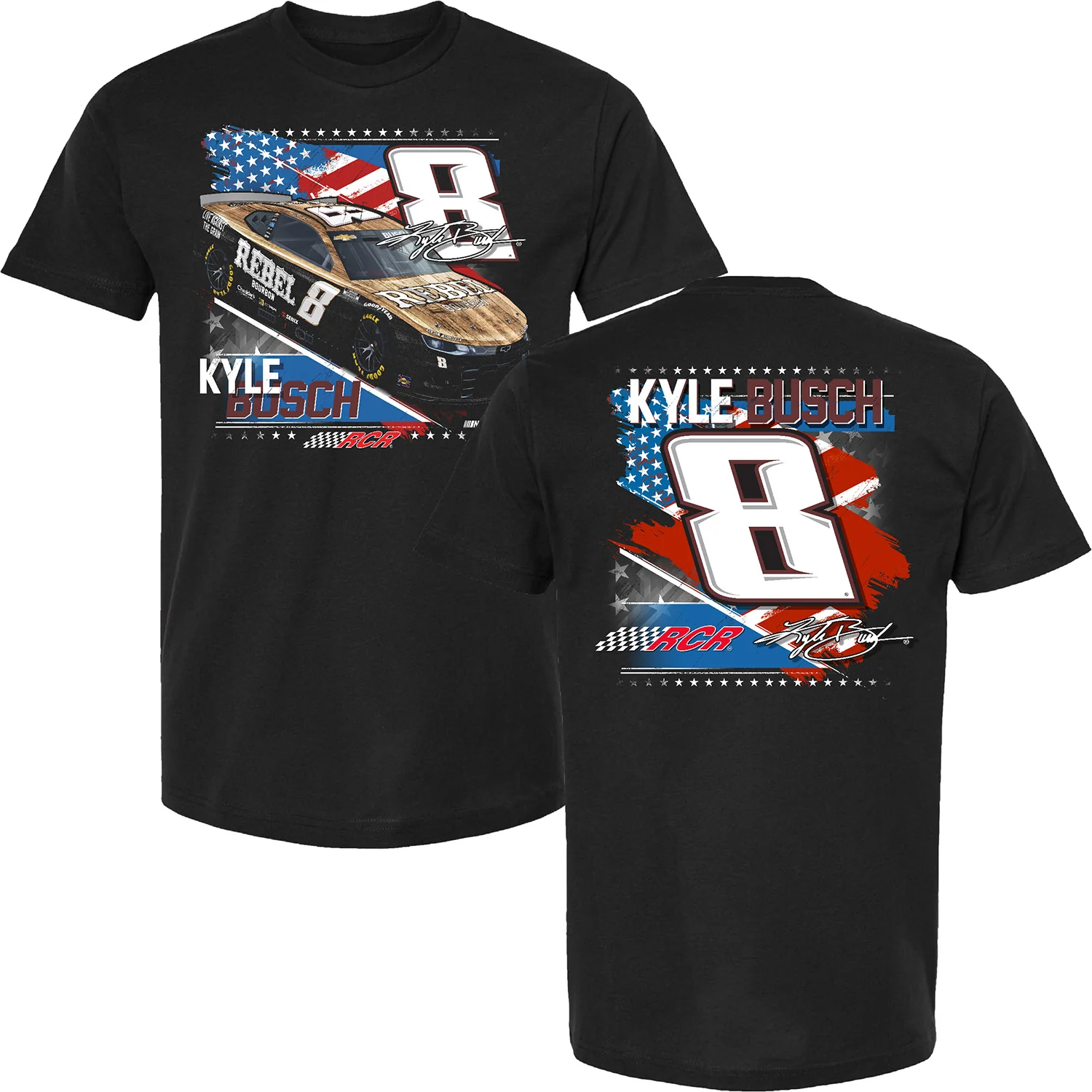 Kyle Busch Rebel Bourbon Patriotic Car T-Shirt Black