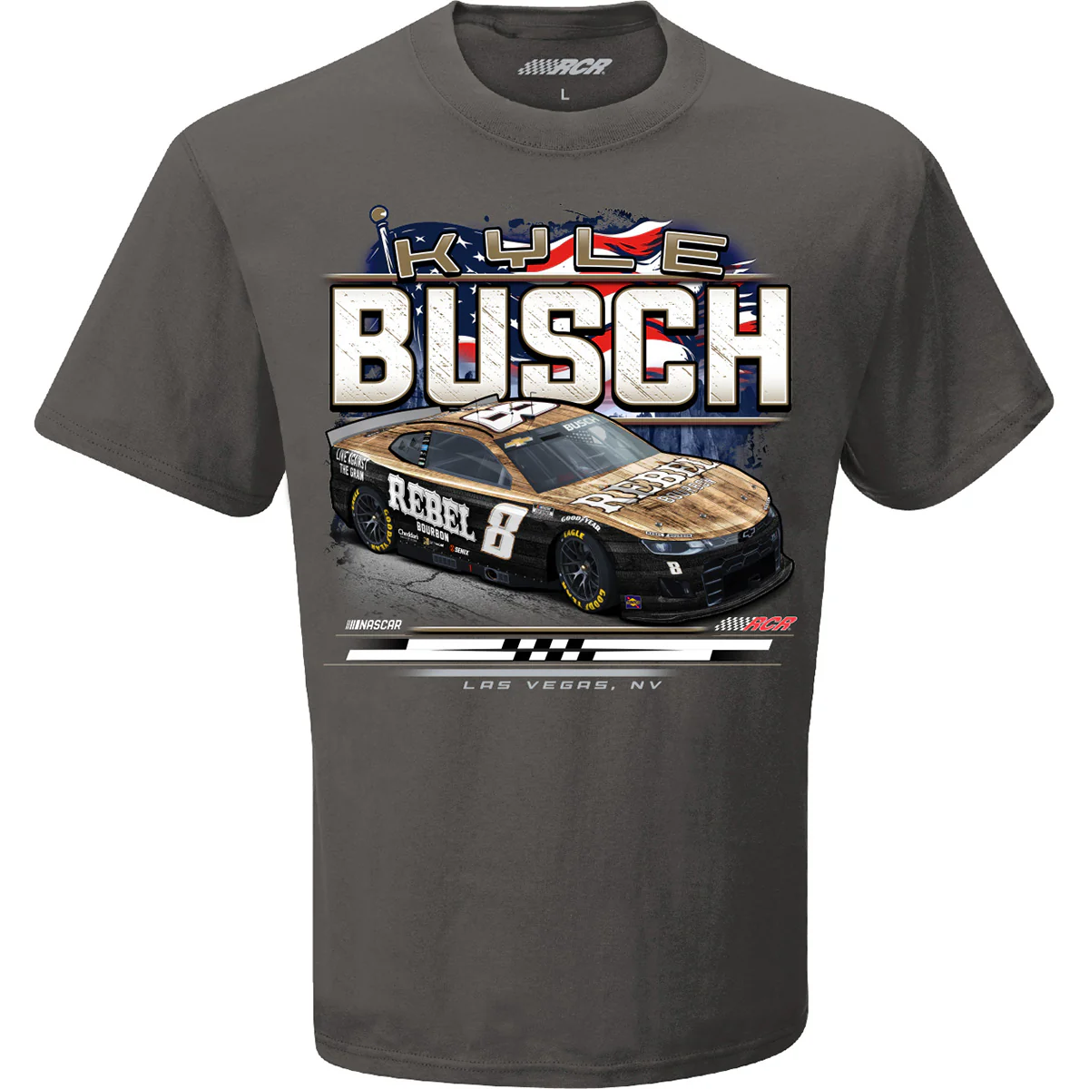 Kyle Busch Rebel Bourbon Patriotic Eagle 2-Spot T-Shirt Gray - Exclusive - Image 2