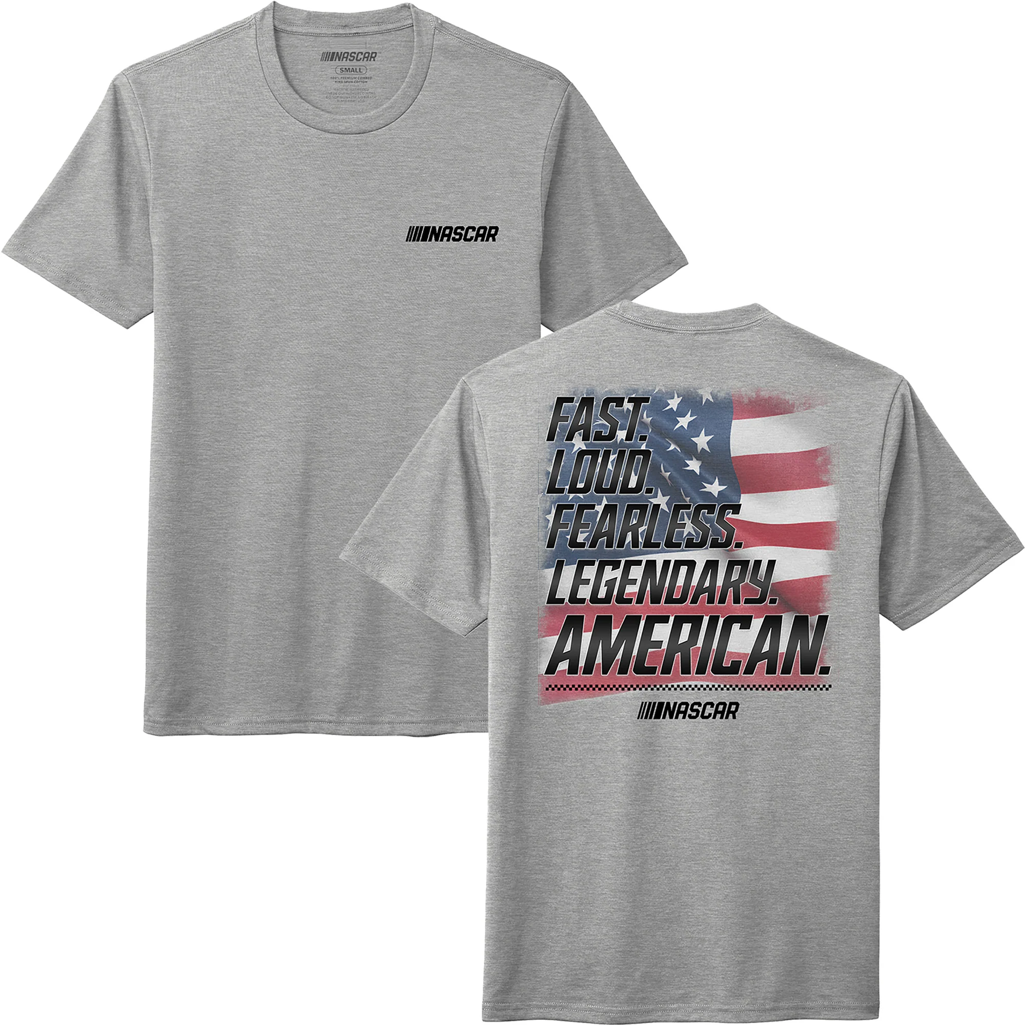 FAST. LOUD. FEARLESS. LEGENDARY. AMERICAN. Patriotic NASCAR T-Shirt Gray - Image 2